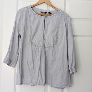 Eddie Bauer Sheer Cotton Blue Striped Embroidered Slash Placket Blouse XL Tall